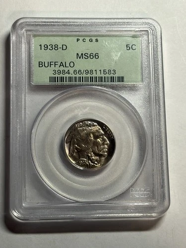 1938-D BUFFALO NICKEL PCGS MS66 OGH GREEN LABEL HIGH GRADE
