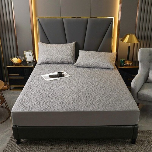 Quilted Waterproof Mattress Cover With Elastic Fitted Sheet Solid Color BedCover - Picture 8 of 34