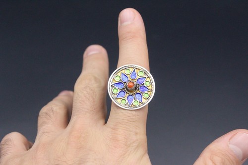 Moroccan Tuareg Sterling Silver Ring, Colorful Enamel Workmanship Ring, 10.5 US - Bild 8 von 9
