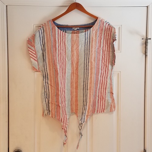 LL Bean Signature Blouse Womens Large Striped 100% Linen Tie Waist Boho T-2 - Picture 2 of 9