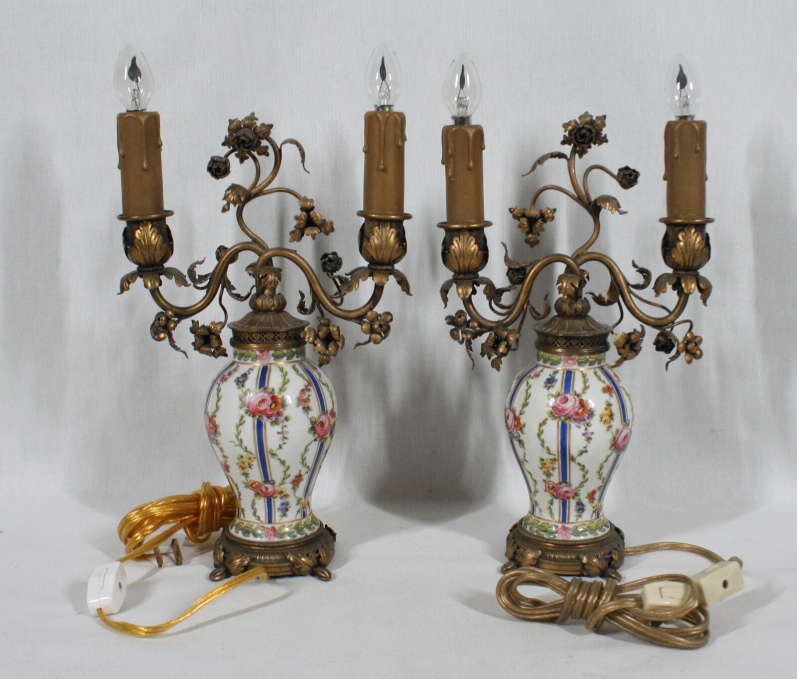 RARE PORCELAIN & ANTIQUE BRASS FINISH PAIR OF CANDLESTICK BOUDOIR LAMPS
