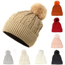 Women's Blink Thick Cable Knit Beanie Hat Pom Pom Crochet Winter Acrylic Gem Cap