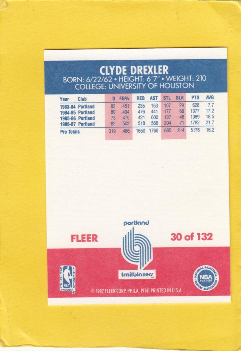 1987-88 Fleer #30 Clyde Drexler Portland Trail Blazers NM Near Mint ...