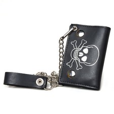 Leatherboss Genuine Leather Men Skull and Bones Trifold Wallet Chain Biker,Black