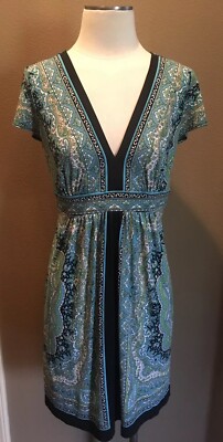 London Style 10 V-Neck Turquoise Lime White Black Border Print Office Core Dress