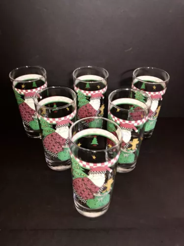 Vintage Anchor Hocking Sakura Debbie Mumm Santa Highball Glasses Set Of 6 Teddy