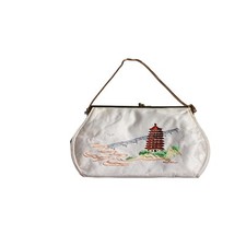 Women's Vintage Ivory Silk Bag W/Hand Stitched Asian Design and Gold Chain