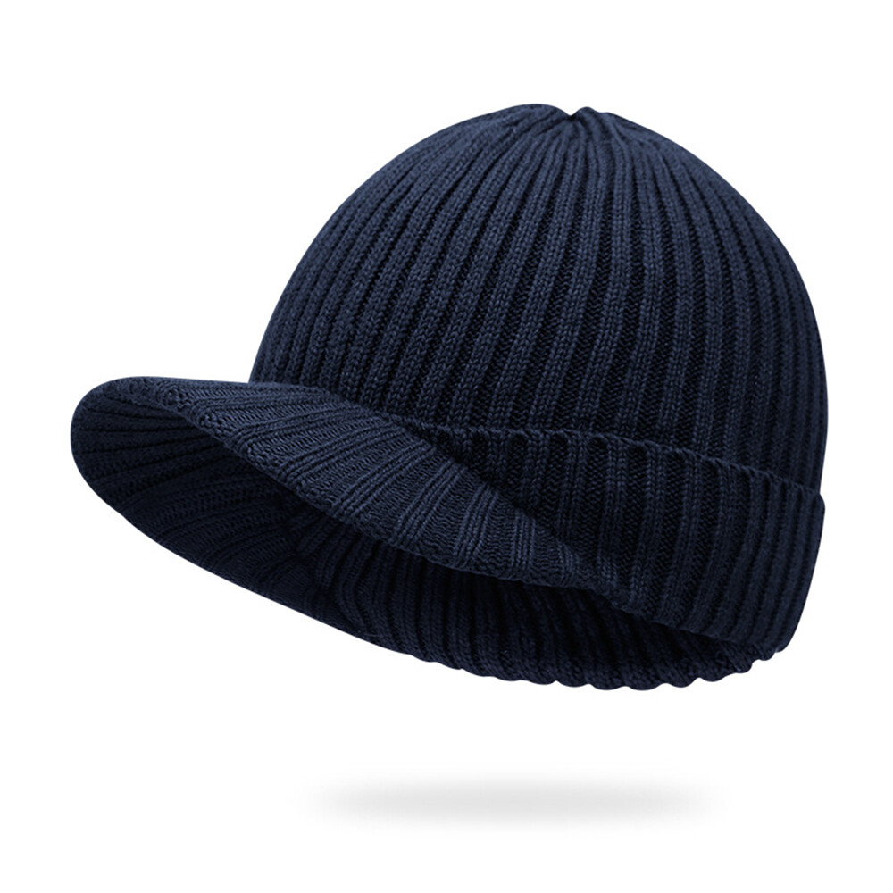 Peaked Beanie Hat Peak Cap Warm Winter Ribbed Woolly Ski Hat Mens