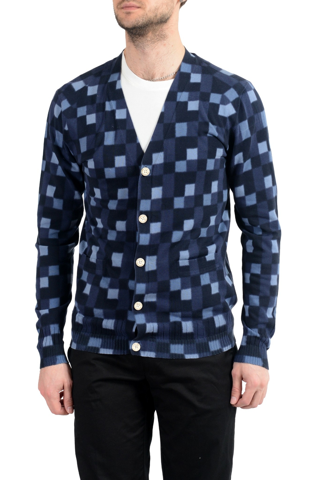 Мужской синий кардиган-свитер с боковым наклоном