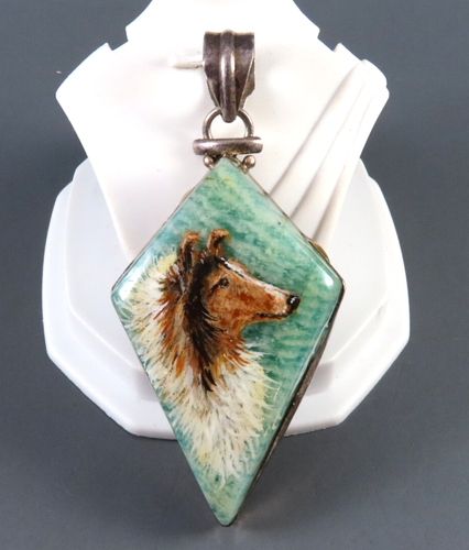 OOAK Sterling Silver AMAZONITE PENDANT Hand Painted Portrait COLLIE DOG GIFT ART - Picture 6 of 6