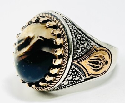 Herrenring aus 925 Sterlingsilber & Jemen Achat-Stein Männer Schmuck Ring Akik