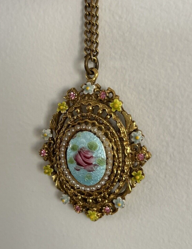 Arthur Pepper Firmado ARTE Guilloche Esmalte Colgante Collar Flores Estrás - Imagen 5 de 10