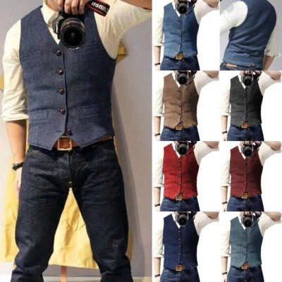 Men Tweed Waistcoats Retro Vests Herringbone Wedding Vintage Groomsman 44 46 48