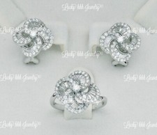 18k Solid White Gold Diamond Earring & Ring Set cluster clover style 2.10 ct