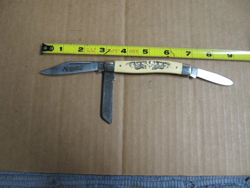 Vintage Schrade Scrimshaw SC-505 3 Blade Stockman Wolf Pocketknife Made in USA - Picture 11 of 18