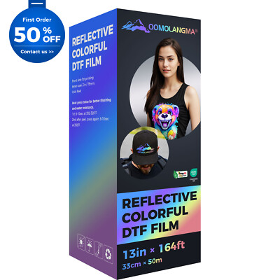 QOMOLANGMA 13'' x 164ft Reflective Colorful DTF Film 1Roll Cold Peel