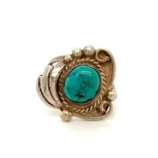 Vintage Sign Sterling Native American Navajo Kingman Turquoise Stone Ring 6 1/4