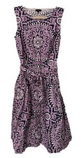 Talbots Dress Womens 4P Purple Medallion Fit Flare Poplin Buttons Belted