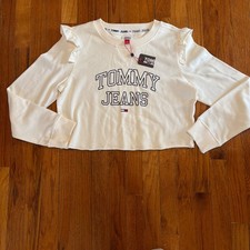 NEW Tommy Jeans Womens Medium Ivory Cropped Ruffle Trim Sweatshirt Y2K Spellout
