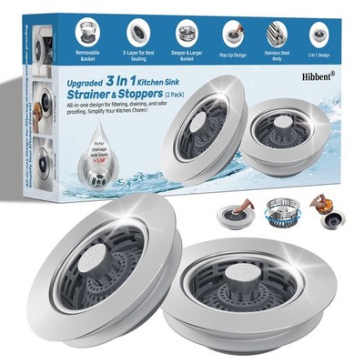 Upgraded 3 in 1 Kitchen Sink Drain Strainer, Stainless Steel Pop Up Sink Stopper