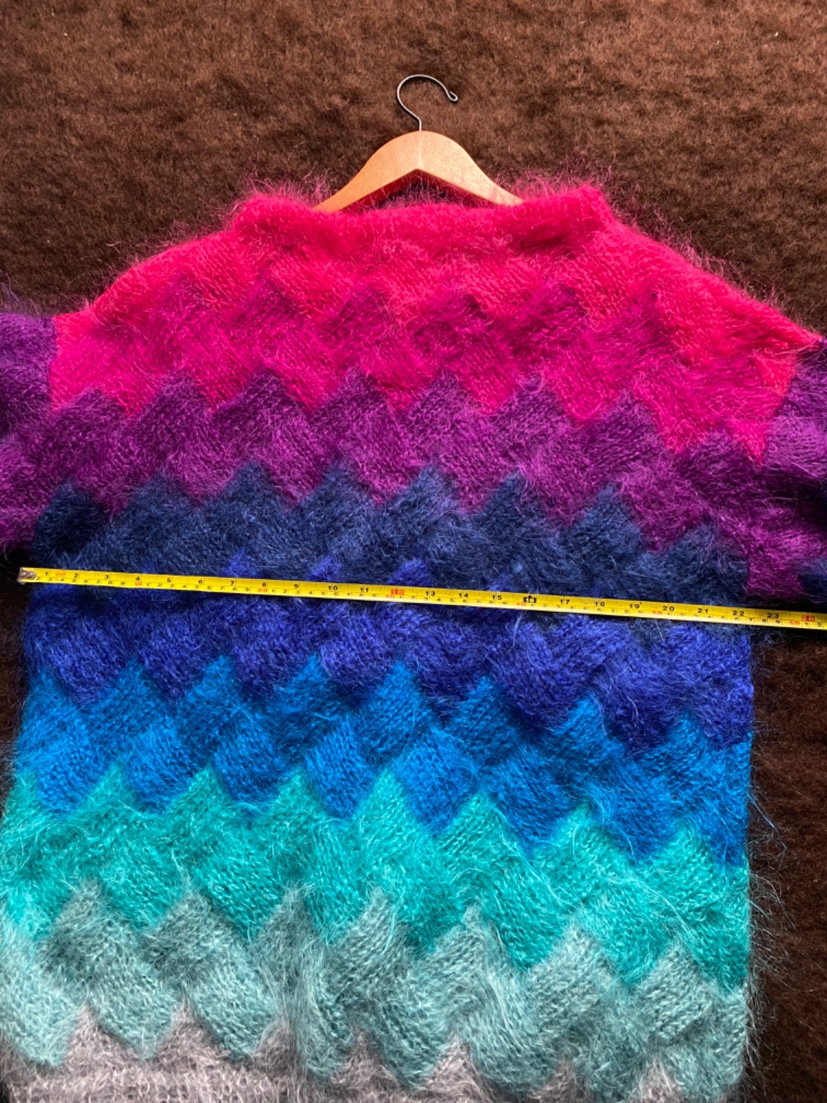 Mohair Sweater Fuzzy Entrelac hand knitted oversized jumper Neon Rare!! Fab image 7