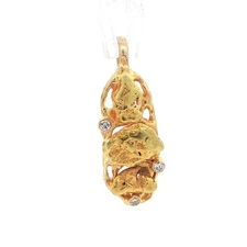 Solid Yellow Gold Diamond 3 Natural High Karat Nuggets Design Bar Pendant