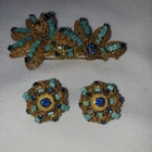 Vintage Signed Miriam Haskell Gold Tone Brooch Pin & Clip On Earrings