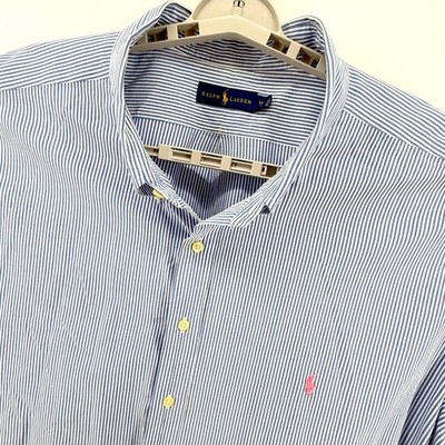 Ralph Lauren Button Down Shirt Men 5XB Blue Striped Shrt Sleeve Coton Pink Poney