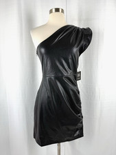 Express Women's One Shoulder Mini Dress Black Faux Leather Ruffles Cocktail
