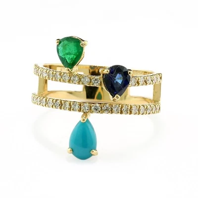 Bague Designer Exclusive En Or 18 Carats 750 Or Brillants Saphir Émeraude Neuf - Photo 1/4