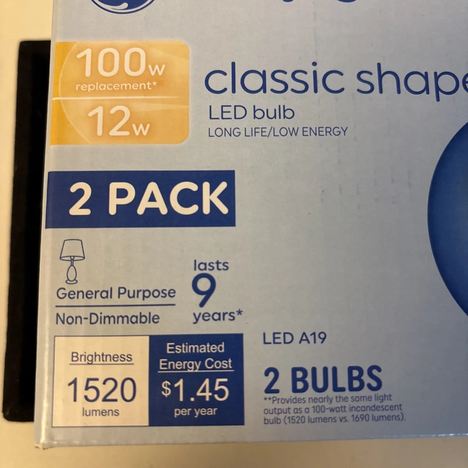 GE LUZ DIURNA, LED 100/12W, PAQUETE DE 2 BOMBILLAS, LED A19, Dura Hasta 9 Años Foto 2 de 4