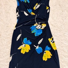 Lauren Ralph Lauren Size 6P Navy Blue Floral Faux Wrap Sheath Dress Ruched