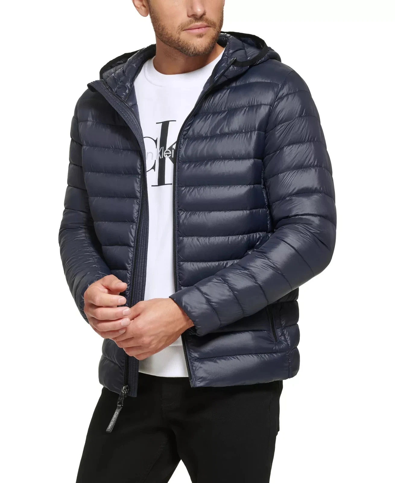$225 Calvin Klein Men's True Navy Hooded & Quilted Packable Jacket XXL yde1323