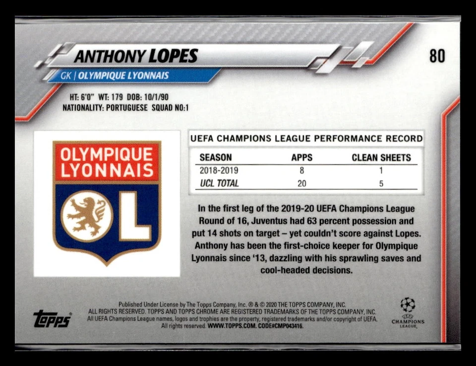 2019-20 Topps Chrome Sapphire Edition UEFA Champions League #80 Anthony Lopes - Image 2 of 2