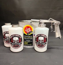 Gallon Fluid Film Black, Standard Undercoating Gun, and 3 White Quart Bottles