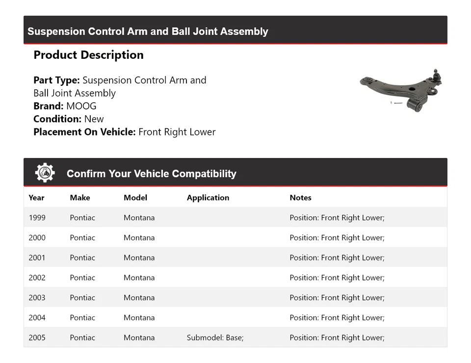 Brazo de control delantero derecho inferior MOOG 1999-2005 Pontiac Montana 1999-2005 Foto 2 de 4
