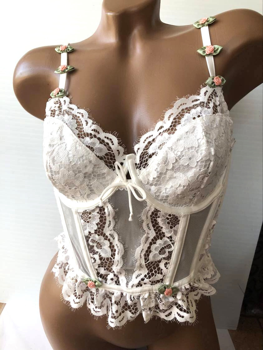 VS For Love & Lemons embroidered Lace-up Bustier Corset Bra White