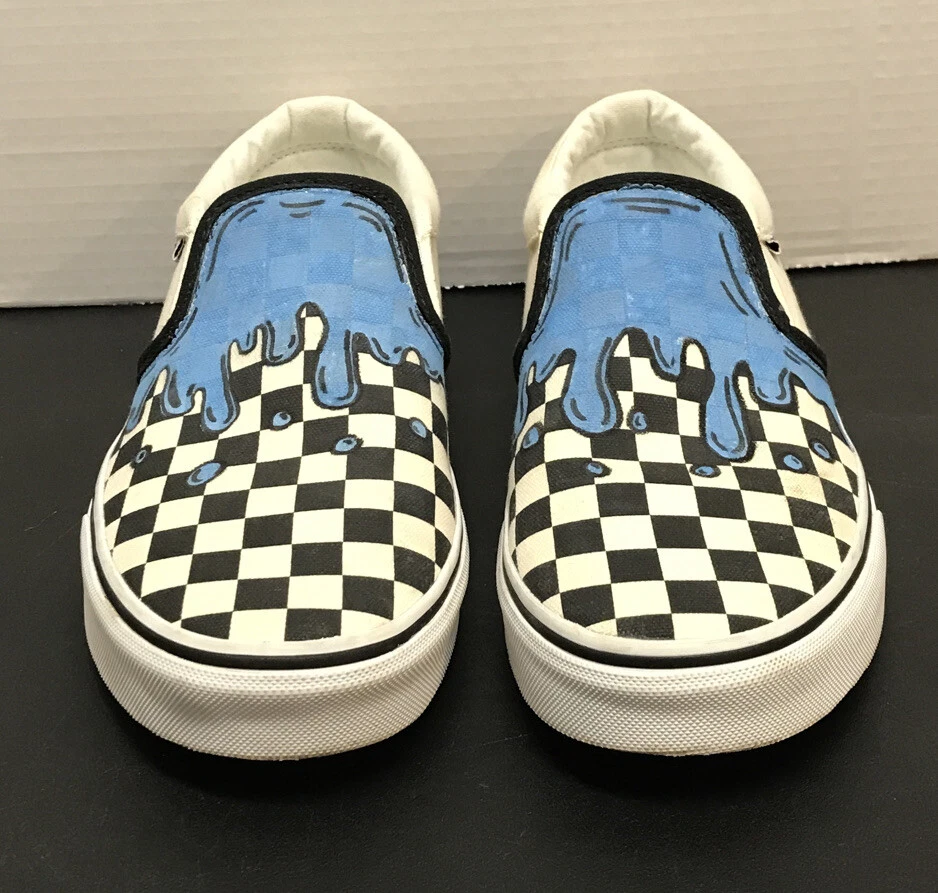 VANS Checkered Classic Custom Blue Drip Slip On Shoes Men Size 8.5