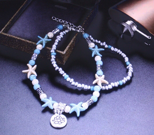 Womens Layered Starfish Lotus Flower Beaded Anklet Green Adjustable Boho New - Picture 3 of 5