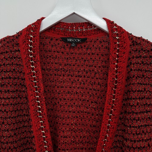 Misook Cardigan Sweater Size XL Heritage Red Black Gold Chain Shoulder Pads - Picture 5 of 14