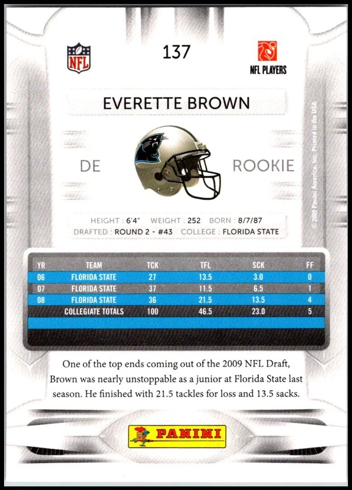 2009 Playoff Prestige Rookie  RC #137 Everette Brown FREE SHIPPING! - Image 2 of 2