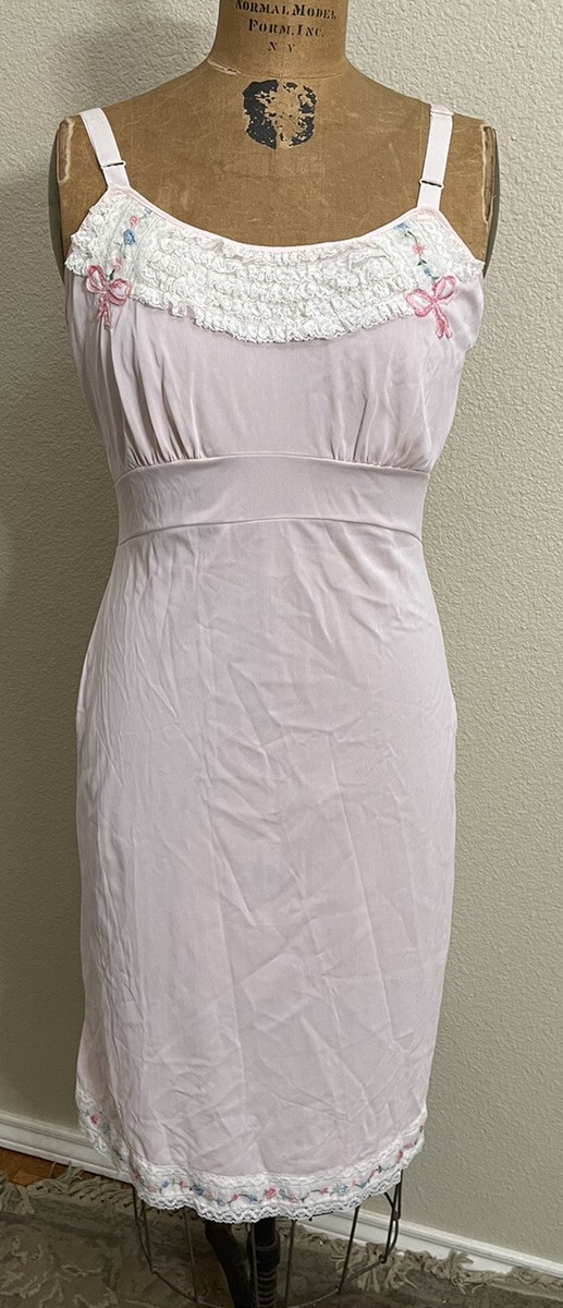 Vtg 1960s Full Slip Petticoat England Pink Nylon Lace Trim Ladies Sz 36