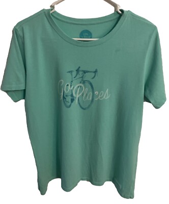 Life is Good Graphic Tee Shirt Women Size L Green Go Places Bike Cotton Classic
