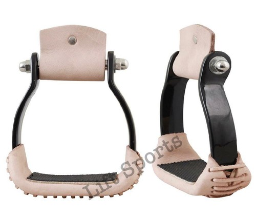Western Horse Saddle Stirrups Aluminum Silver w/ Leather Barrel Racing 5" Wide - Picture 6 of 7
