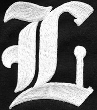 3" Fancy White Old English Alphabet Letter L Embroidered Patch