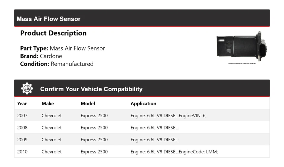 Sensor de flujo de aire de masa diésel Cardone para Chevrolet Express 2500 2007-2010 6,6 L V8 Foto 2 de 4