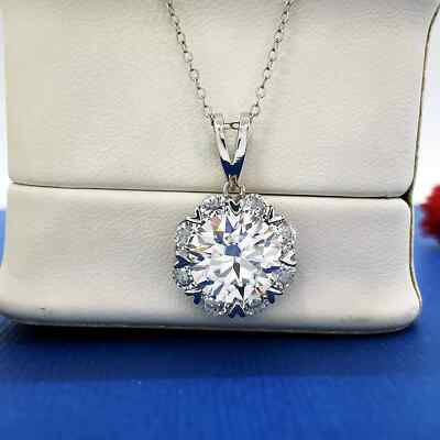 9mm Round Cut Moissanite Flower Pendant 18'' With Chain 14k White Gold Plated