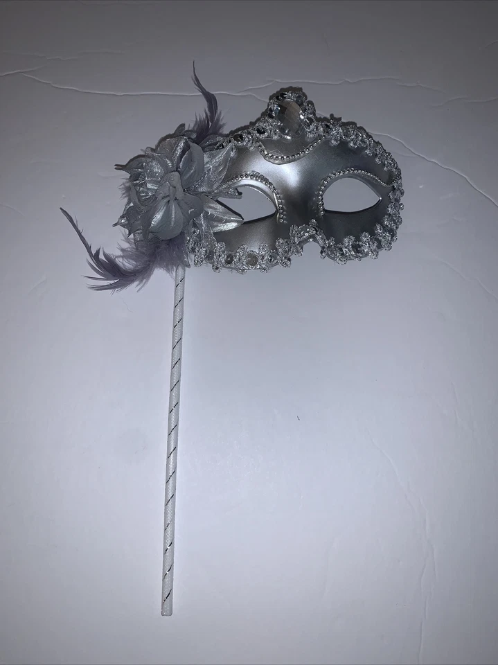 Masquerade Eye Mask Silver Feathers Flower Sequins Stick Mardi Gras Halloween ￼ - Image 4 of 4
