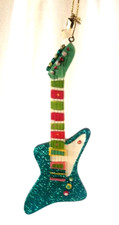 5" Guitar Hanging Xmas Tree Ornament Painted Wood  Blue Glitter