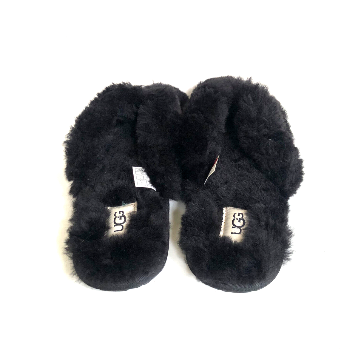 UGG FLUFF FLIP FLOP LOGO BLACK SHEARLING THONG SANDAL US 11 EU